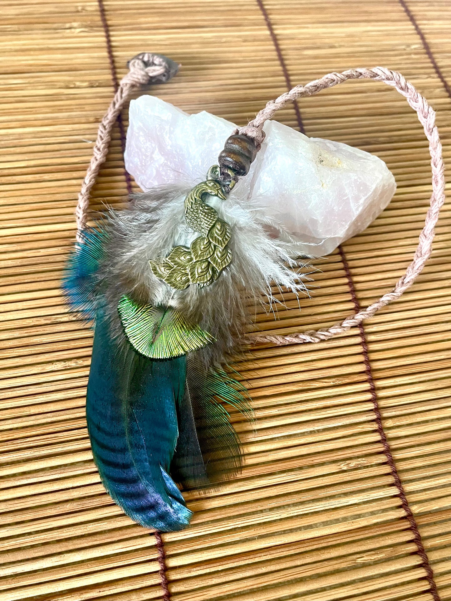 Feather & Hemp Hair Extension - Iridescent with Brass Peacock