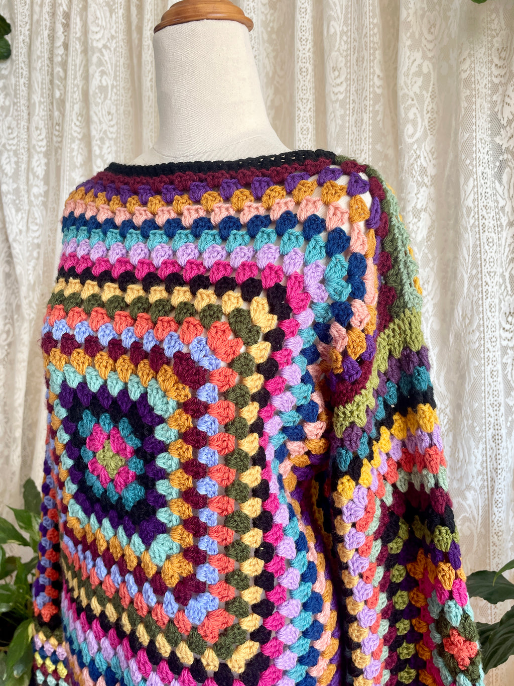Crochet granny square jumper, multicolour, black trims