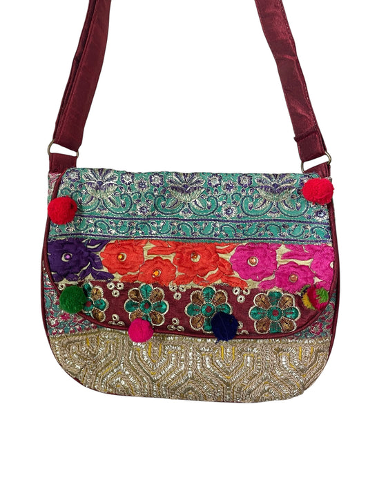 Bright Patchwork Shoulder Bag with Pom Pom details