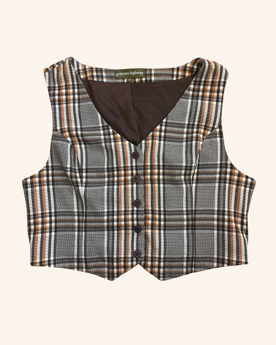 Brown & Orange Plaid Tailored Style Vest
