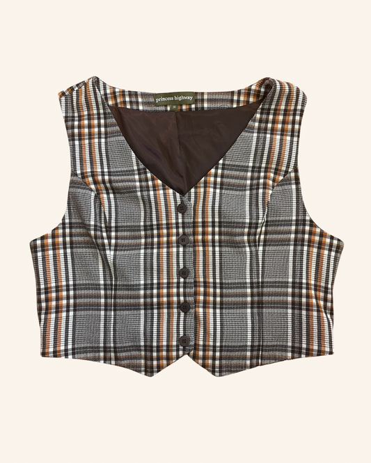 Brown & Orange Plaid Tailored Style Vest