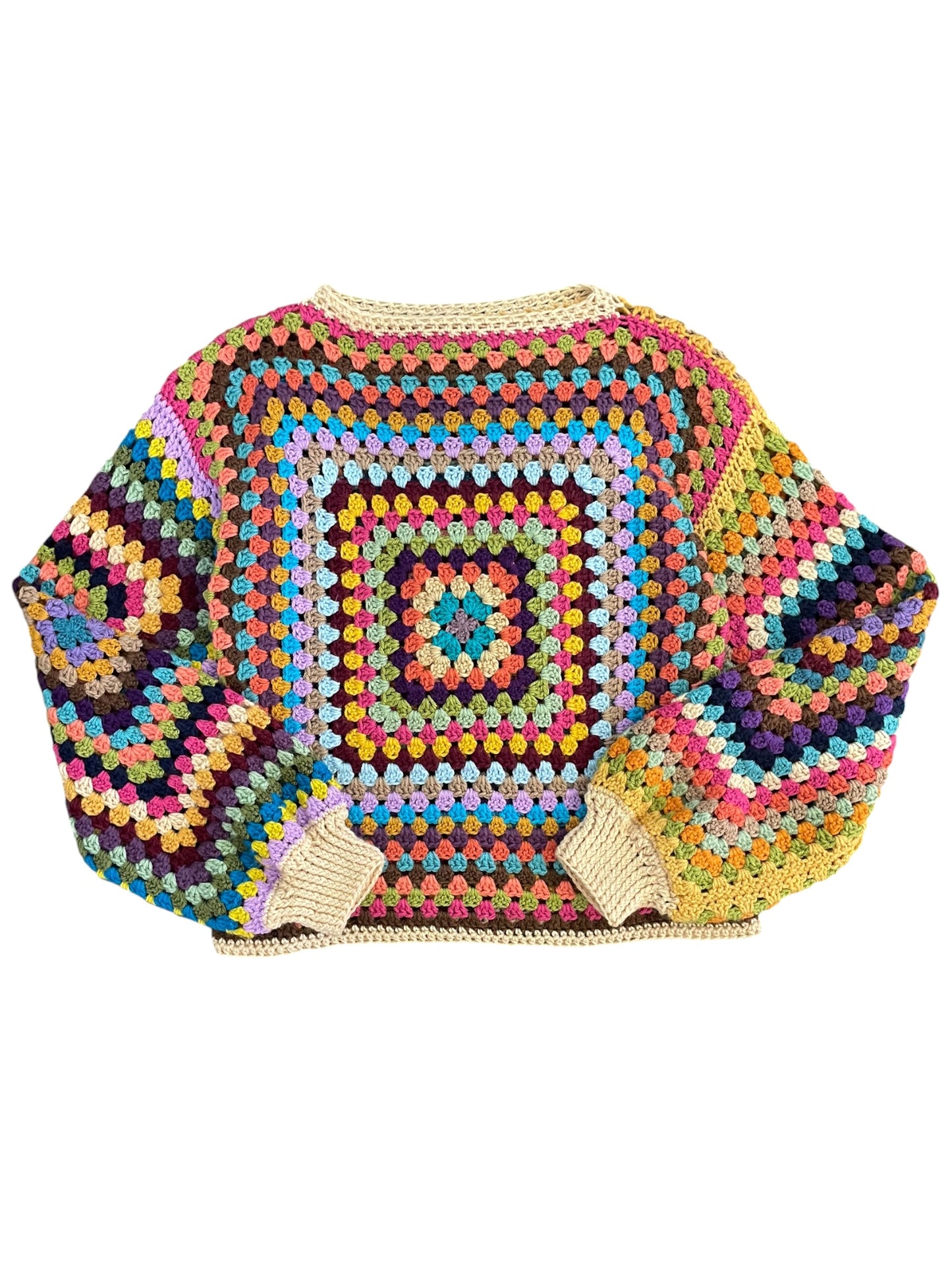 Crochet Rainbow Granny Square Jumper with Cuffs