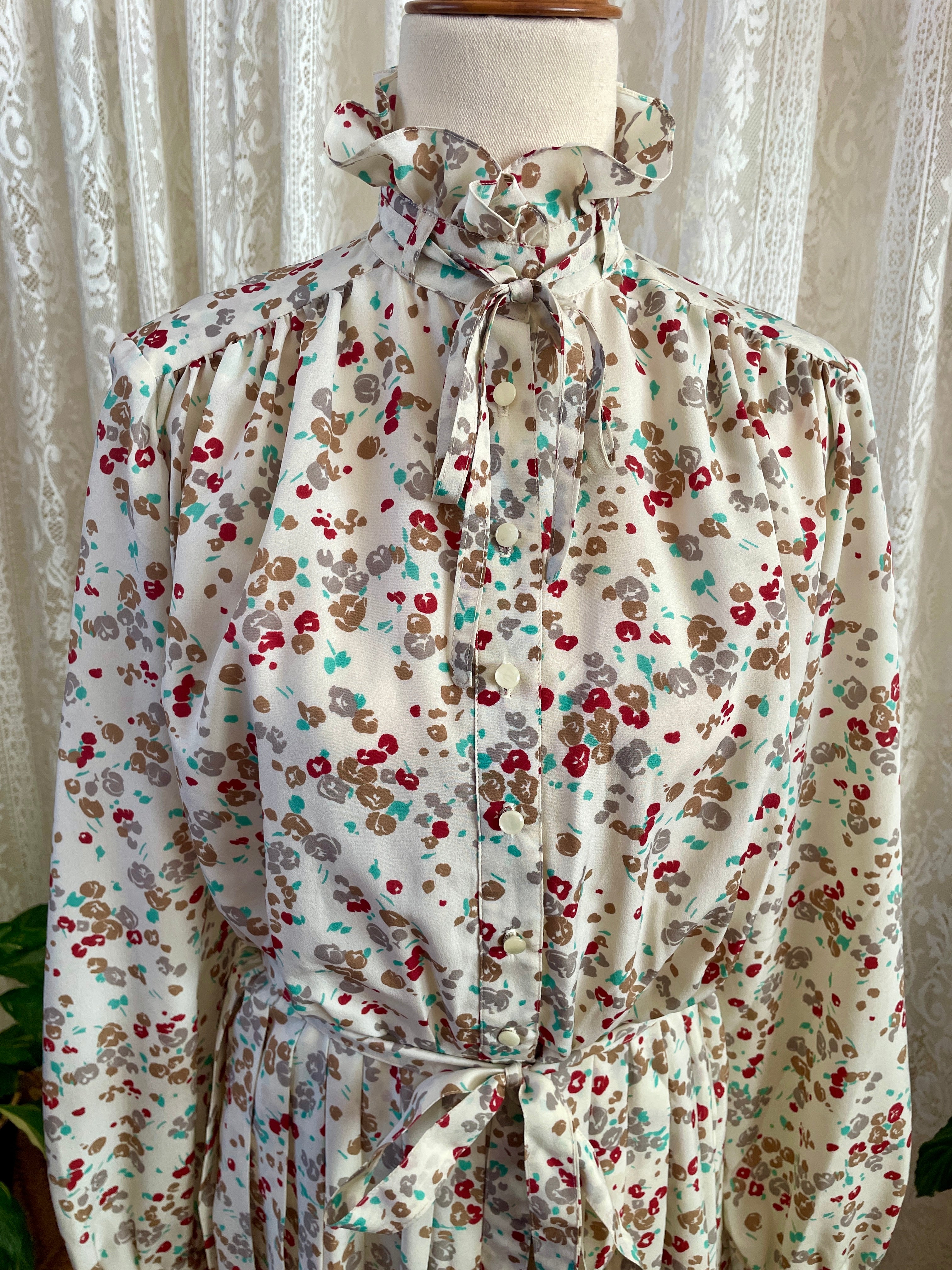 Vintage Alexon Sportset British Prairie Dress – High Neck Ruffle Floral Midi - Sz 12
