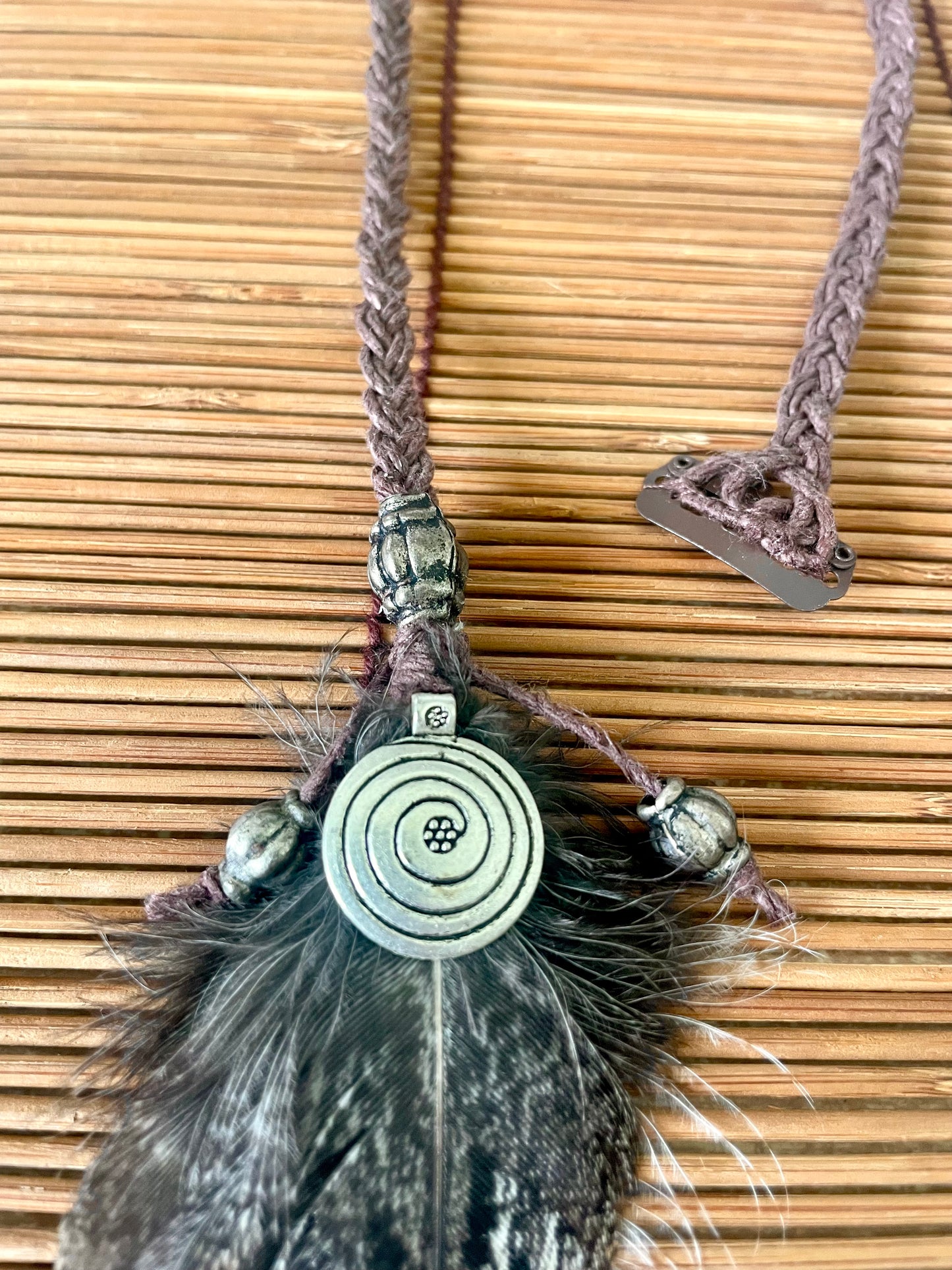 Feather & Hemp Hair Extension - Tawny Frogmouth/Spiral