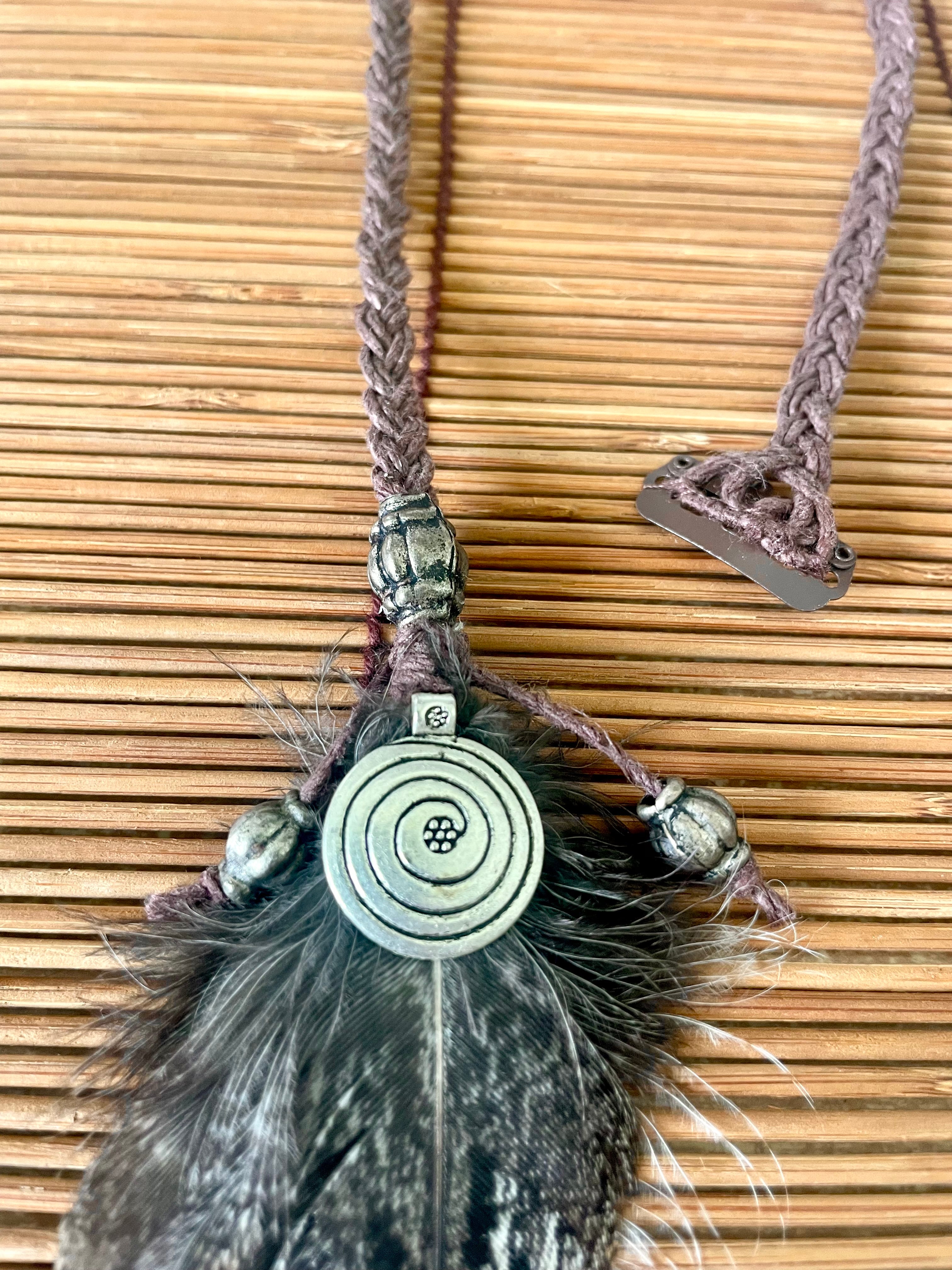 Feather & Hemp Hair Extension - Tawny Frogmouth/Spiral