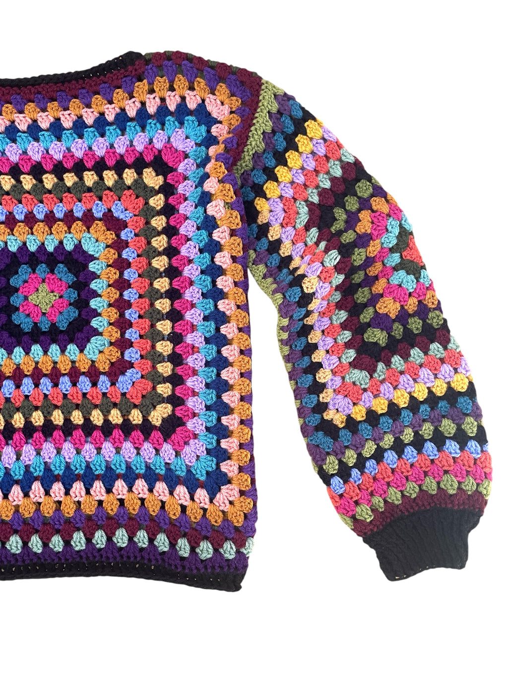 Crochet granny square jumper, multicolour, black trims