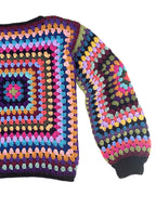 Crochet granny square jumper, multicolour, black trims