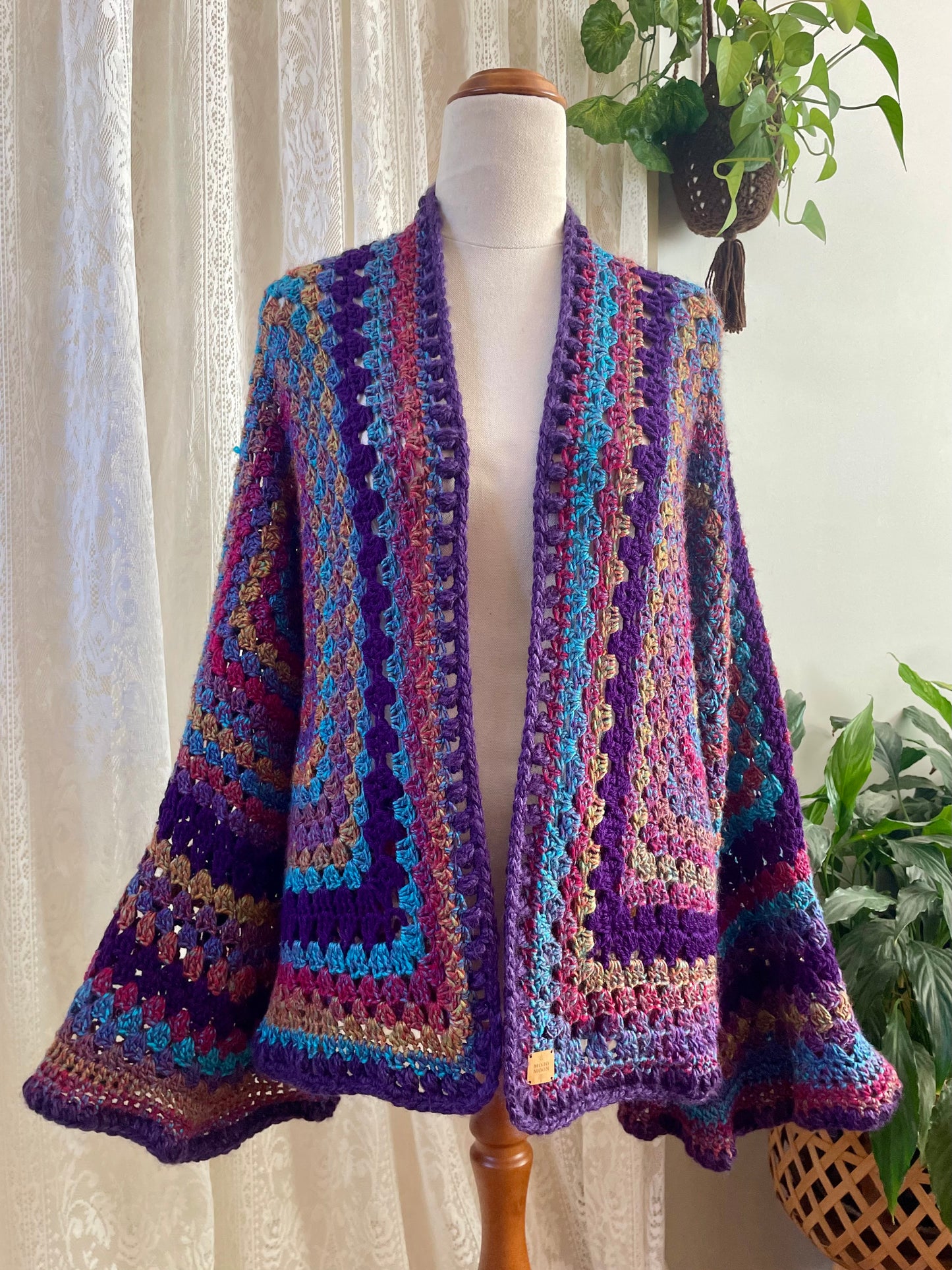 Purple Rainbow Reversible Crochet Cardigan with Bell Sleeves
