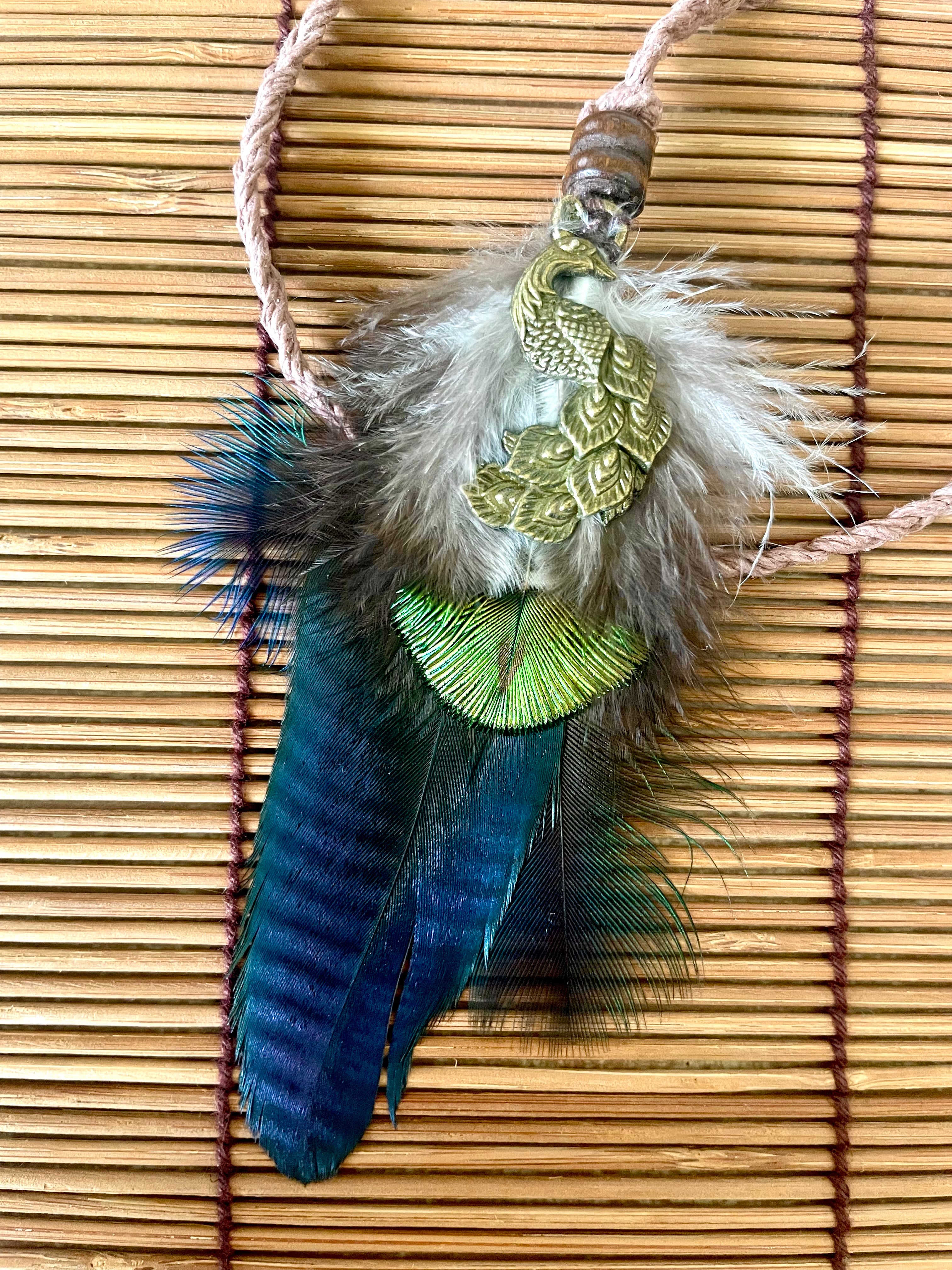 Feather & Hemp Hair Extension - Iridescent with Brass Peacock