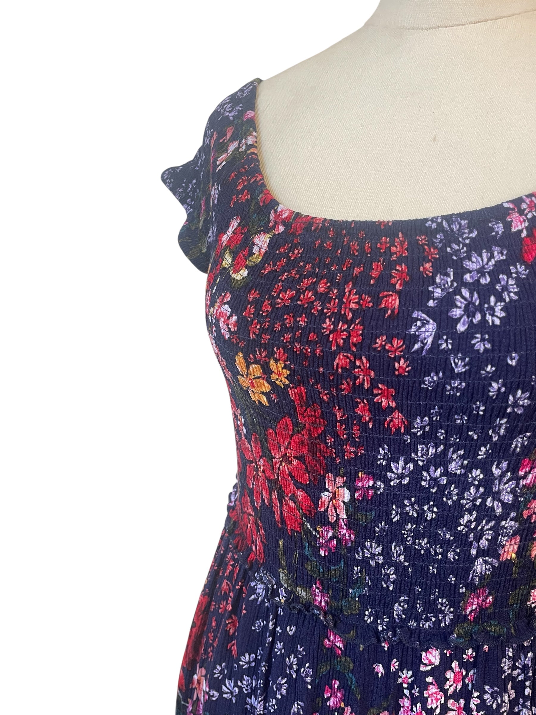 Pre-Loved Navy Floral off shoulder dress with front split - Sz 10
