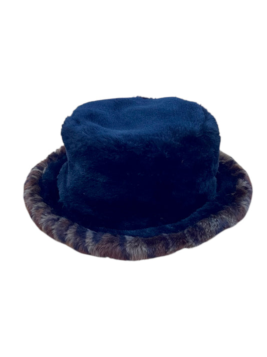 Black Faux Fur Hat with Leopard print trim