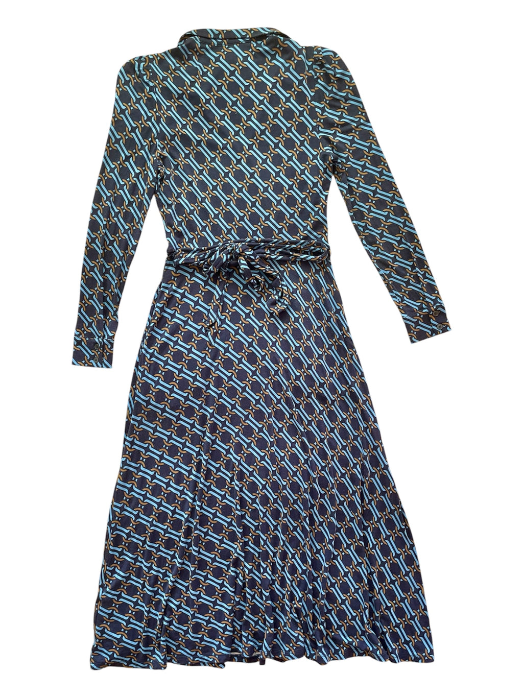Retro Print Long Sleeve Belted Dress
