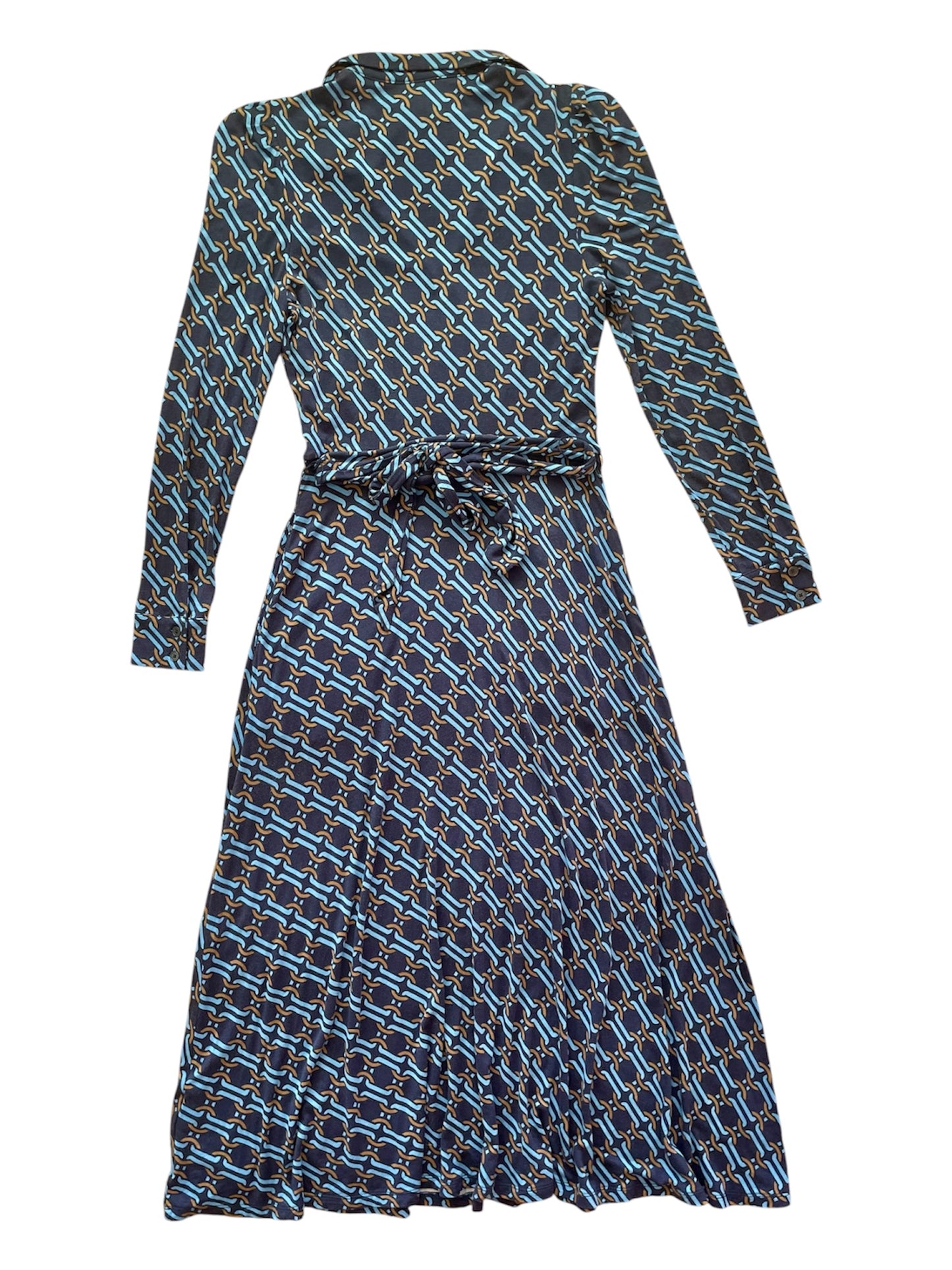 Retro Print Long Sleeve Belted Dress