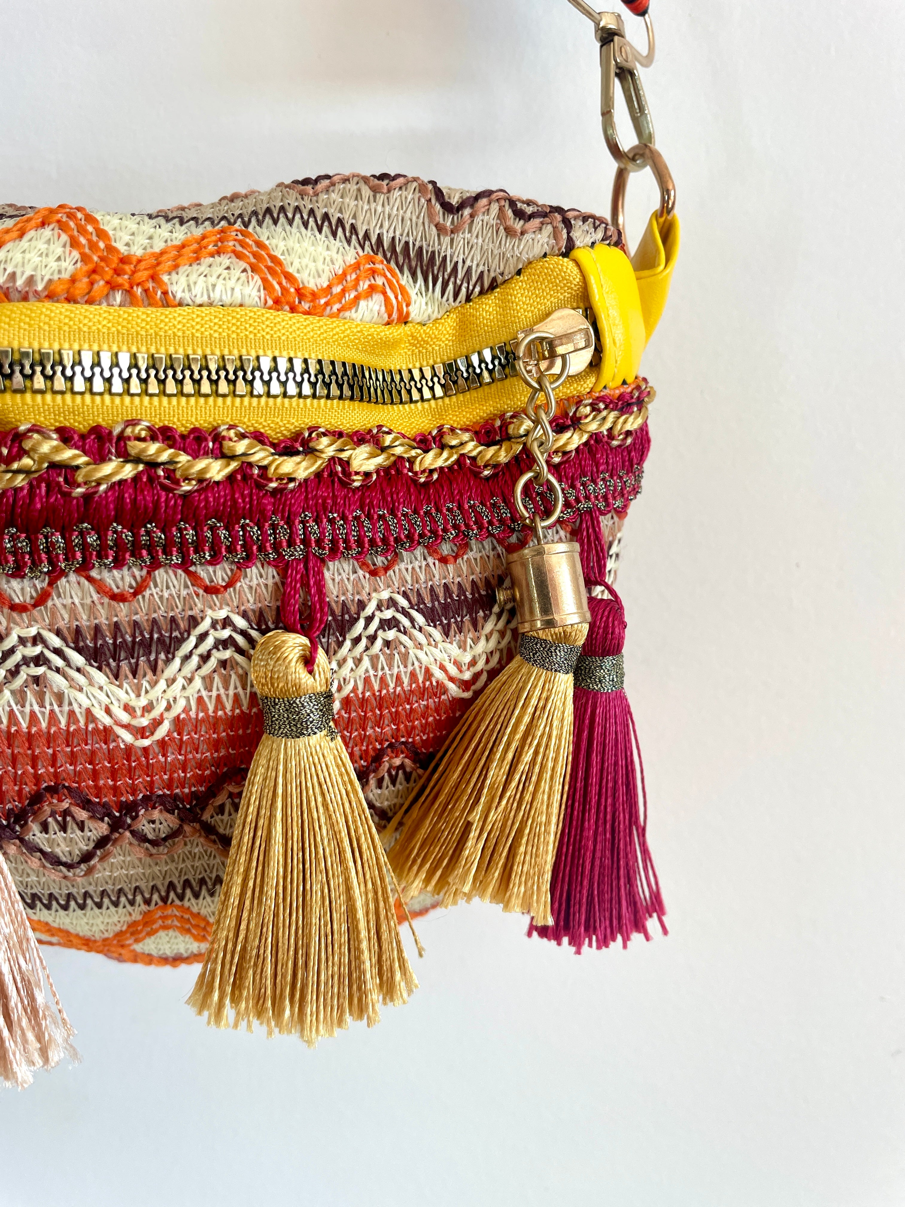 Boho Crossbody Bag w/ Thick Geometric Strap & Tassels