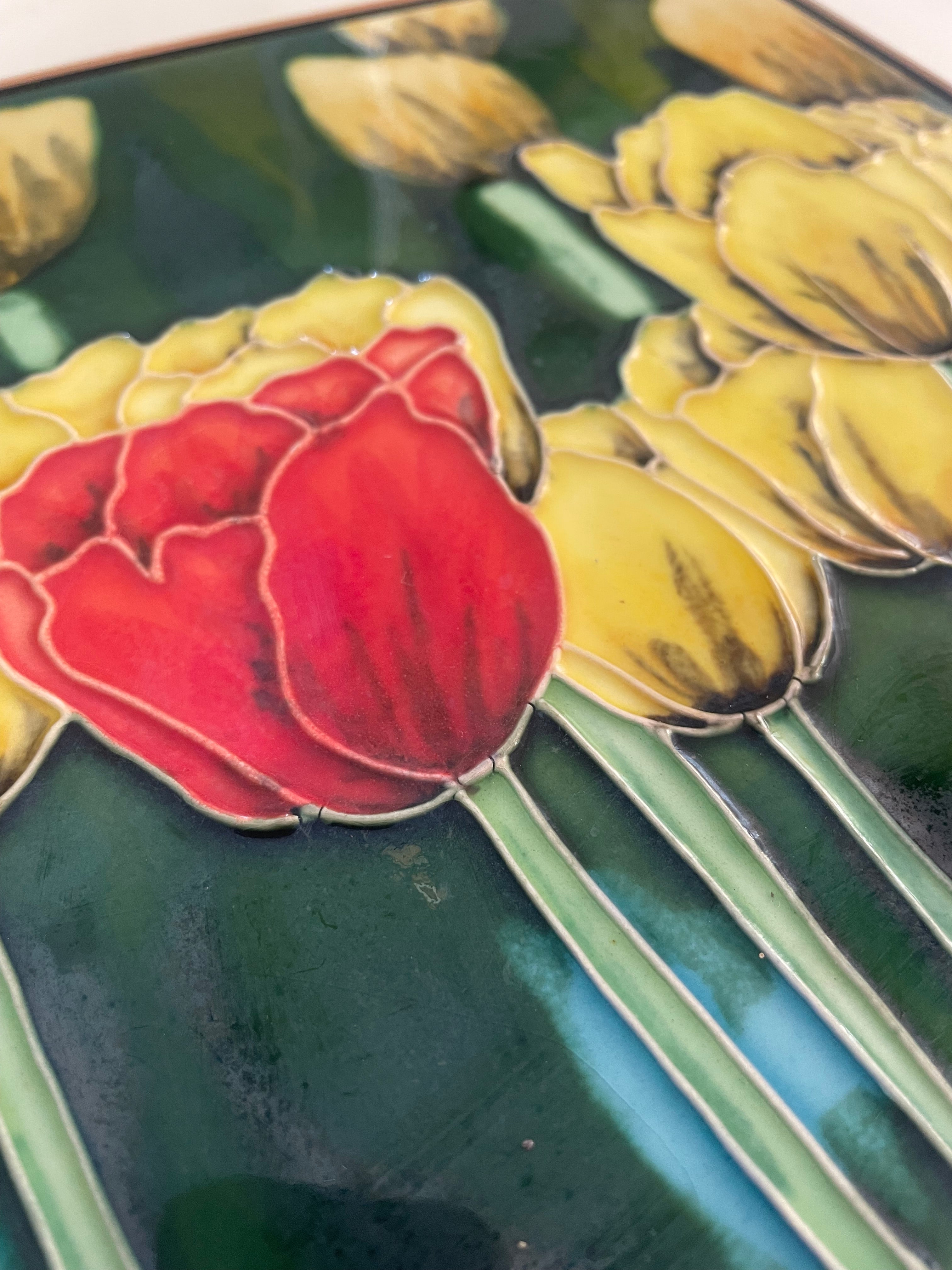 Handpainted Tulips Vintage Ceramic Tile In Custom Wooden Frame