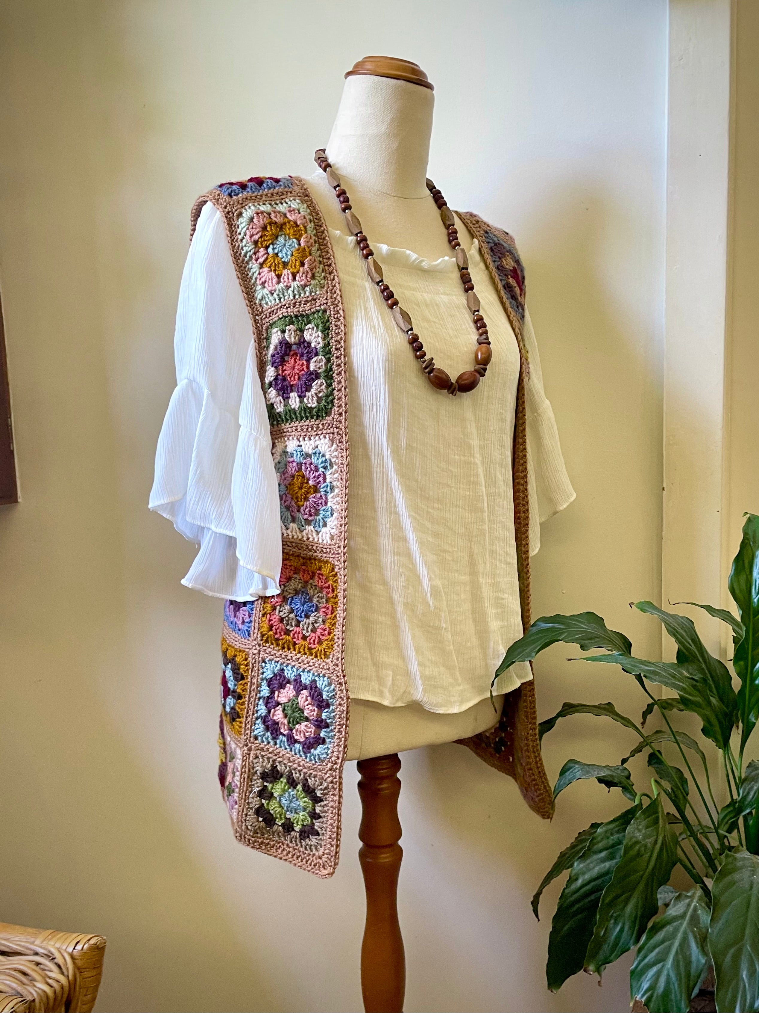 Crochet granny square open vest