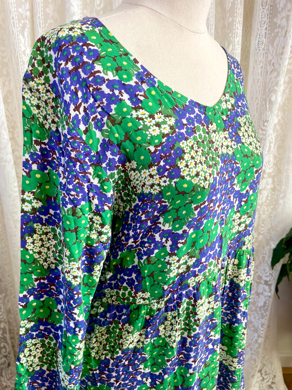 Blue & Green Retro Floral Print 3/4 Sleeve Dress