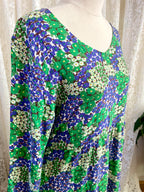 Blue & Green Retro Floral Print 3/4 Sleeve Dress