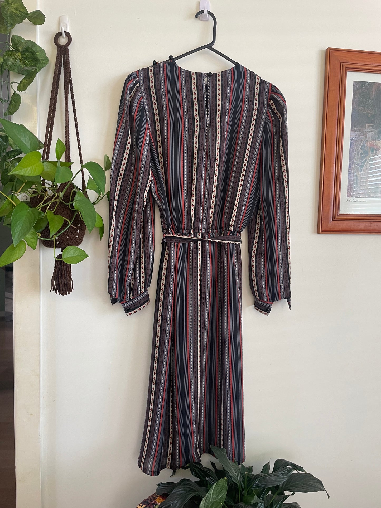 Vintage Sheer Belted Stripe Long Sleeve Dress