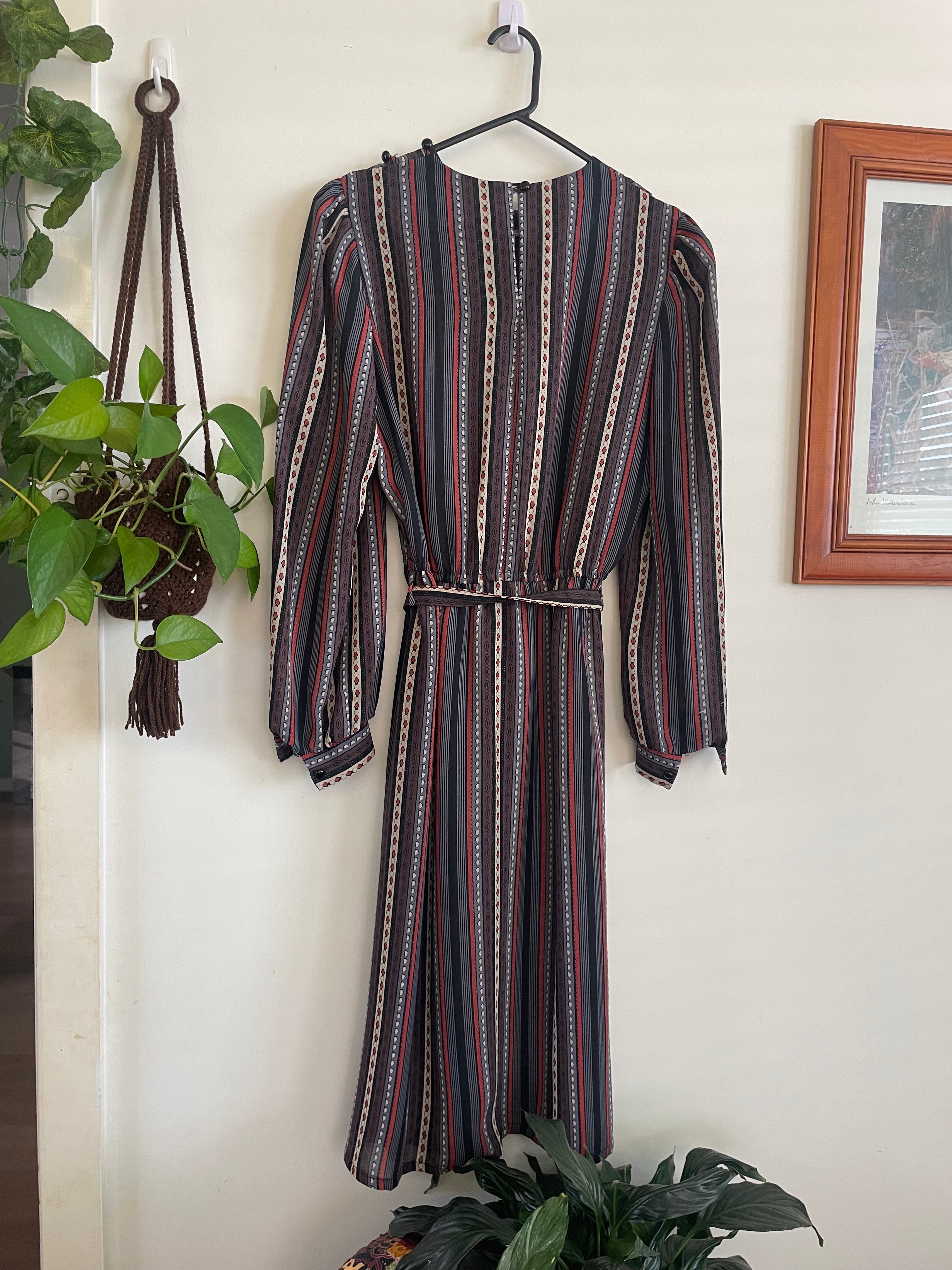 Vintage Sheer Belted Stripe Long Sleeve Dress