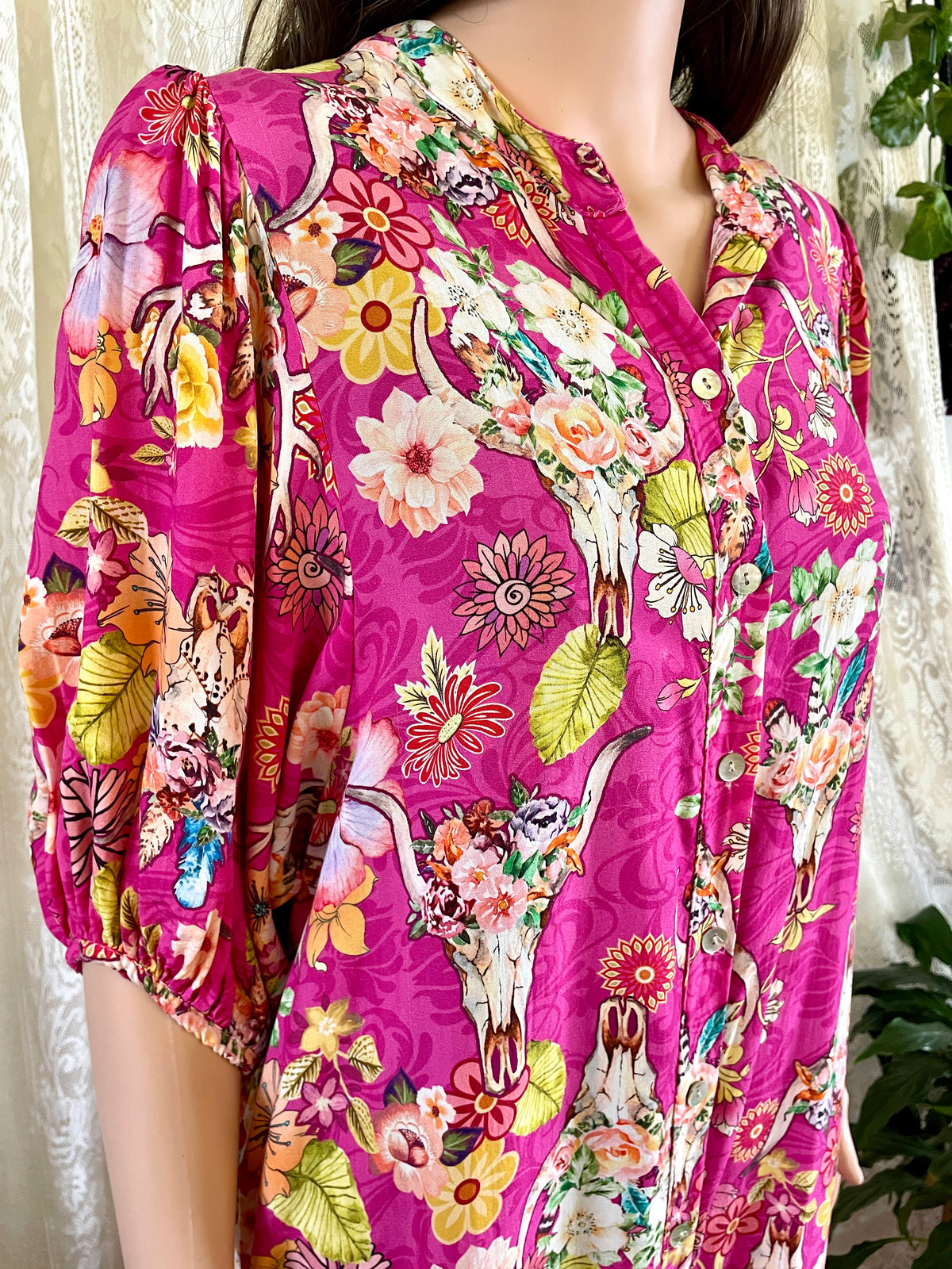 Made in Italy Pink Western Boho Floral Cow Skull Midi Dress Duster - Size 16