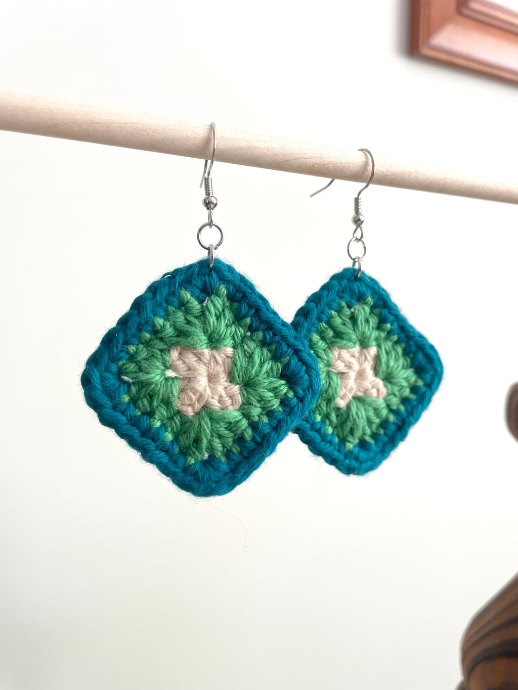 Crochet Little Square Earrings - Cream/Green/Blue