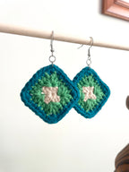 Crochet Little Square Earrings - Cream/Green/Blue
