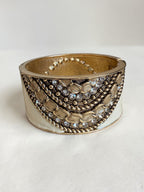 Gold & White Enamel Statement Cuff Bracelet - Hinged Chunky Bangle