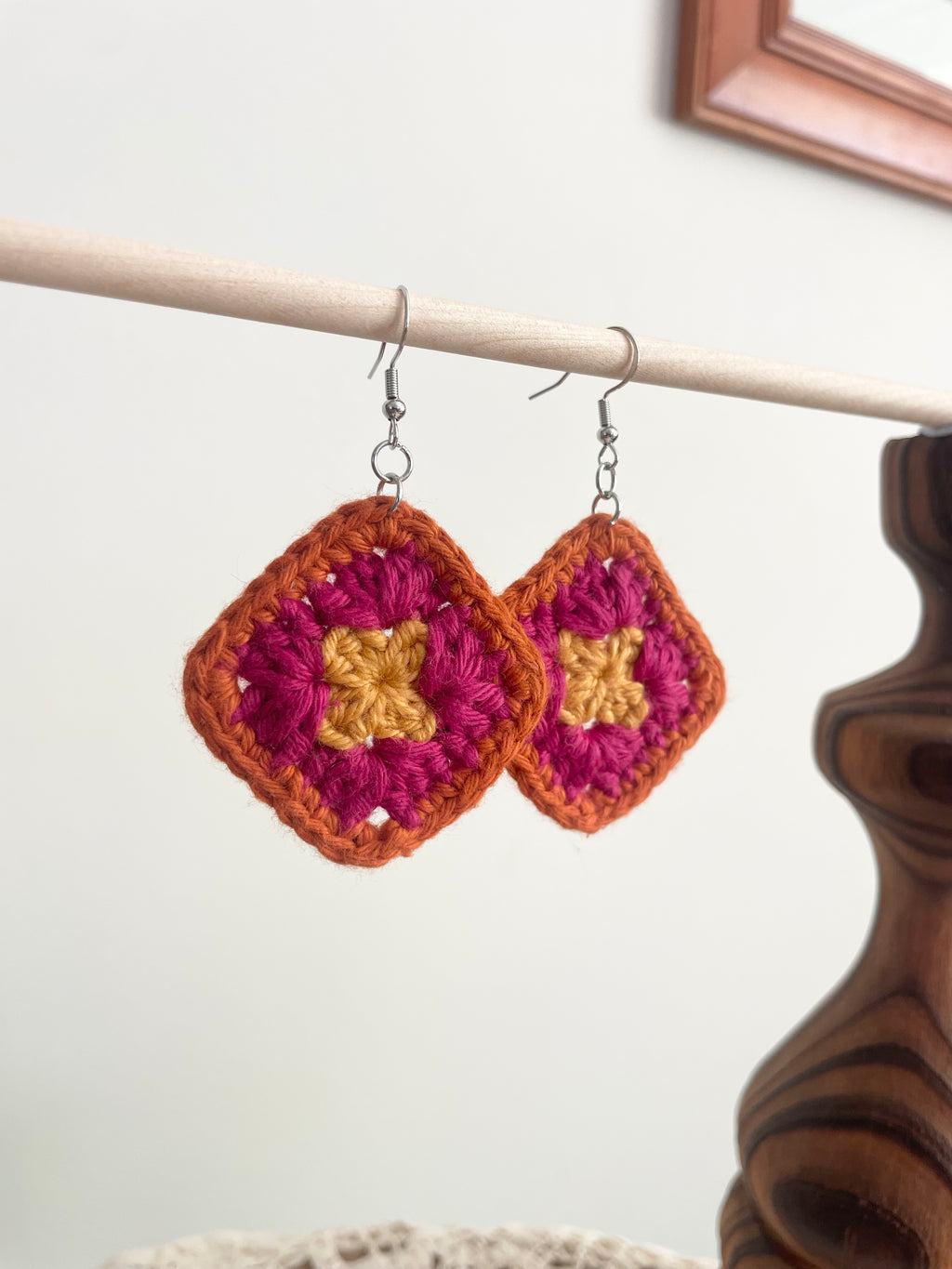 Crochet Little Square Earrings - Yellow/Pink/Orange