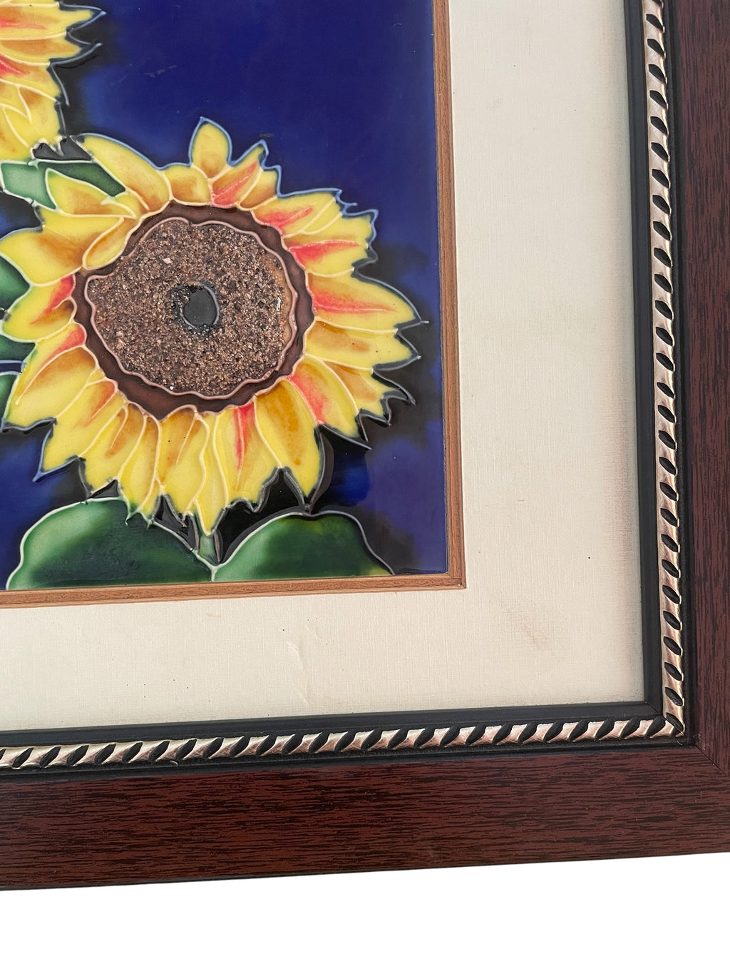 Handpainted Sunflower Vintage Ceramic Tile in Frame