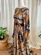 70s Vibe Boho Chic Scarf Print Maxi Dress - Ochre Gold Mustard Paisley Festival Long Sleeve Blouson Dress