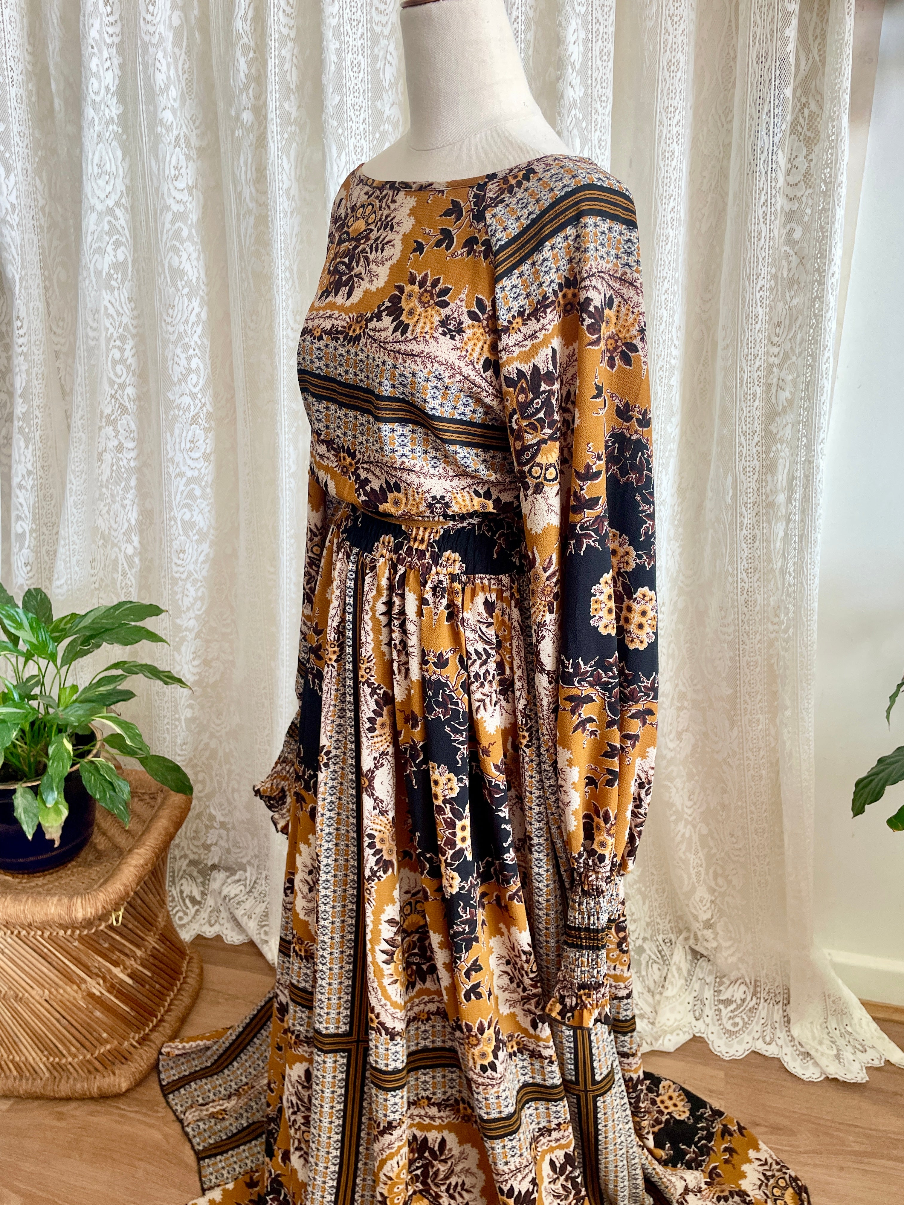 70s Vibe Boho Chic Scarf Print Maxi Dress - Ochre Gold Mustard Paisley Festival Long Sleeve Blouson Dress