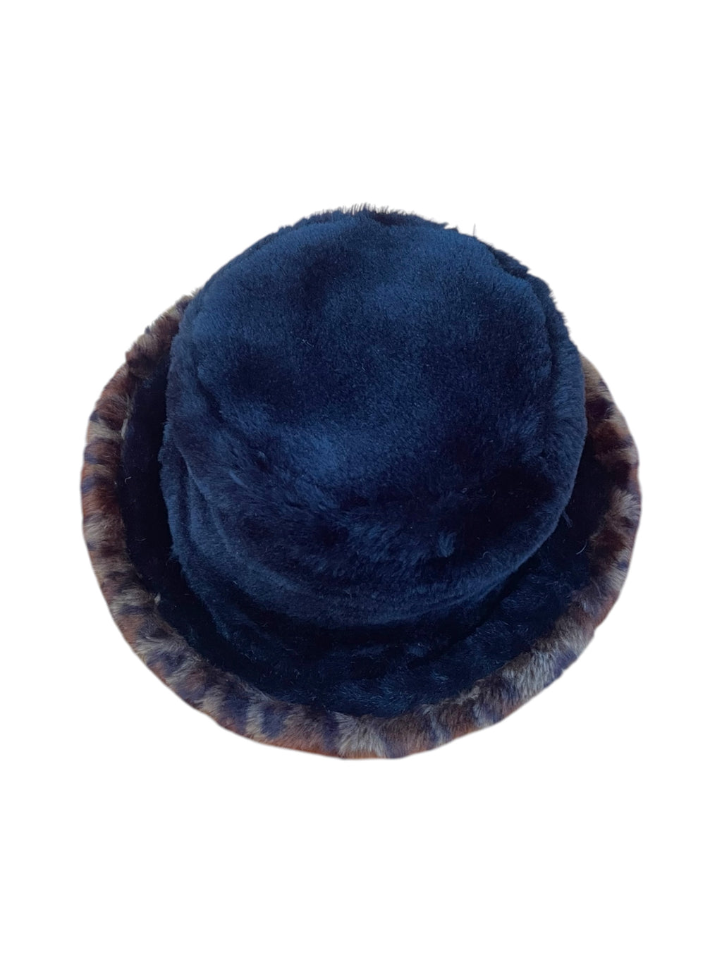 Black Faux Fur Hat with Leopard print trim
