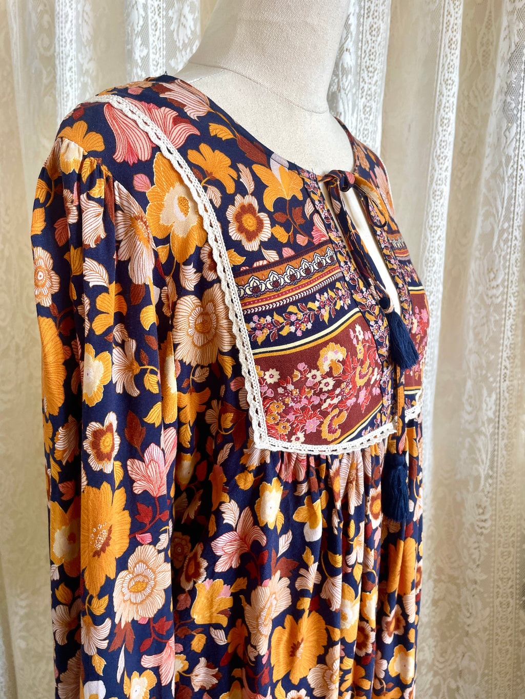 Salty Bright Ochre & Navy Floral Boho Peasant Top – Size 12