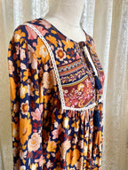 Salty Bright Ochre & Navy Floral Boho Peasant Top – Size 12