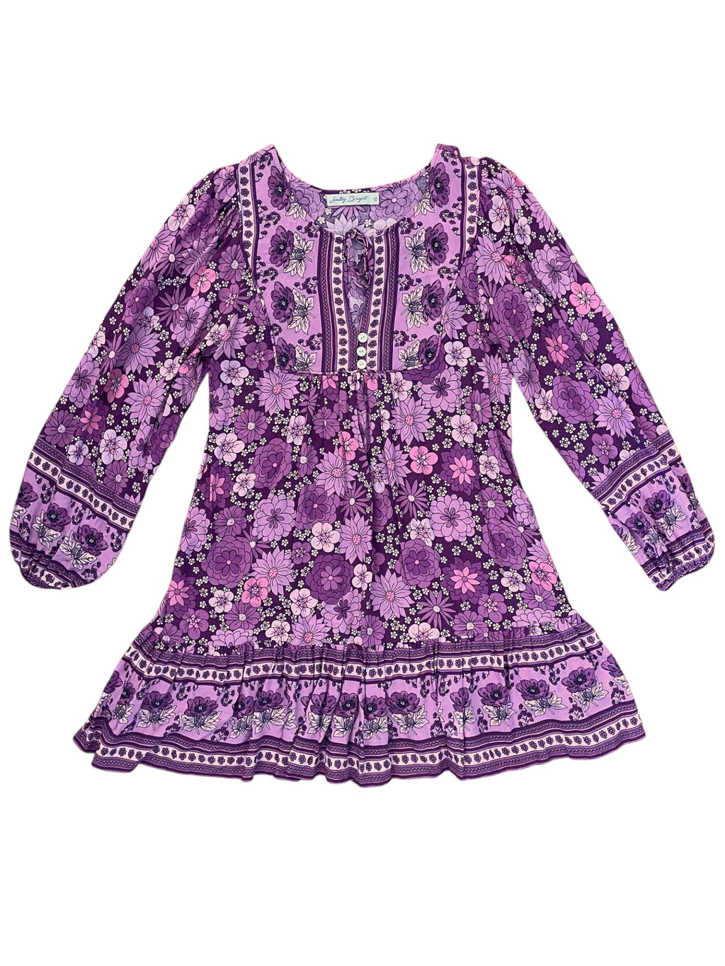 Boho Long Sleeve Mauve Dress with Retro Flower Print