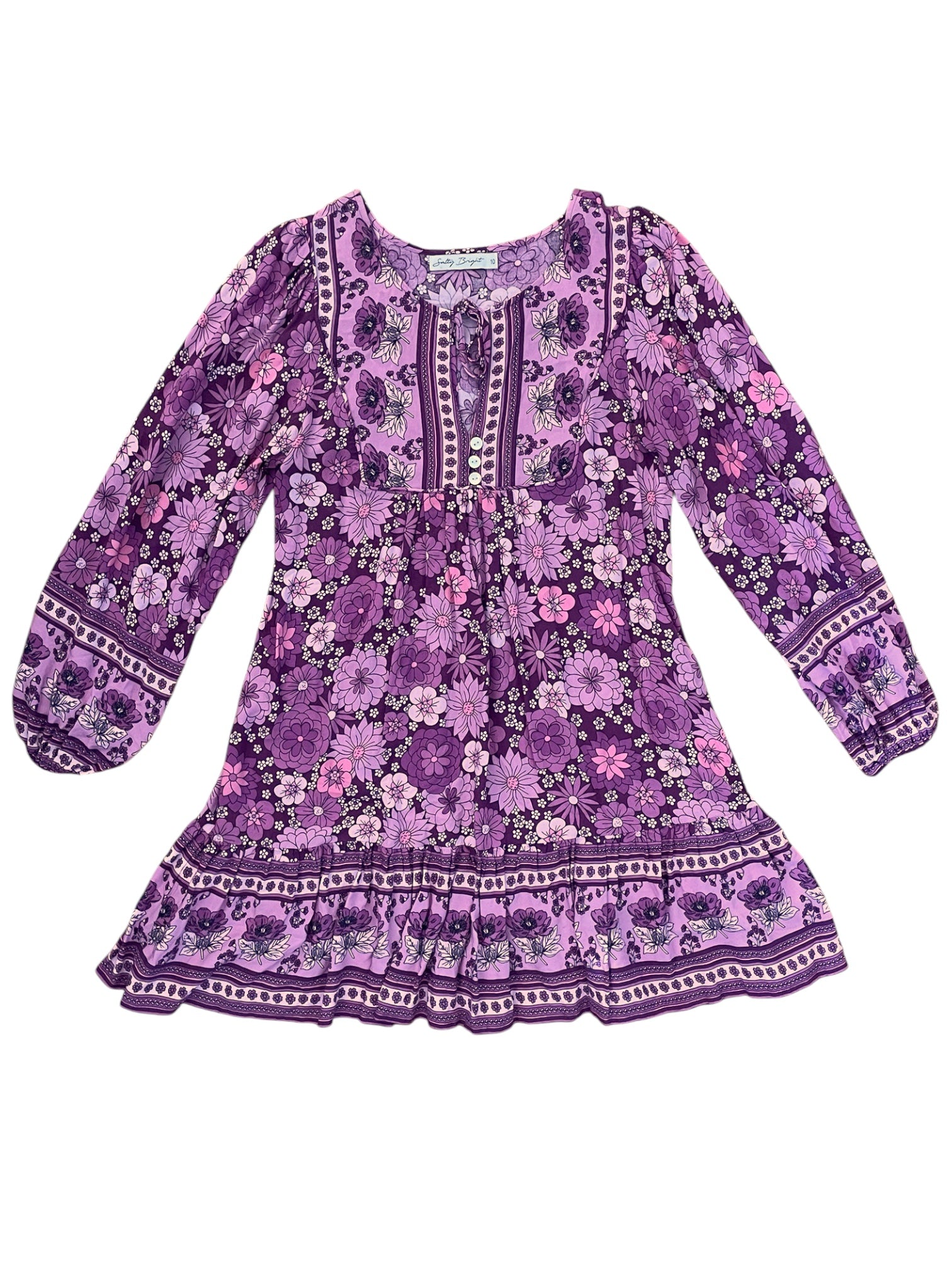 Boho Long Sleeve Mauve Dress with Retro Flower Print
