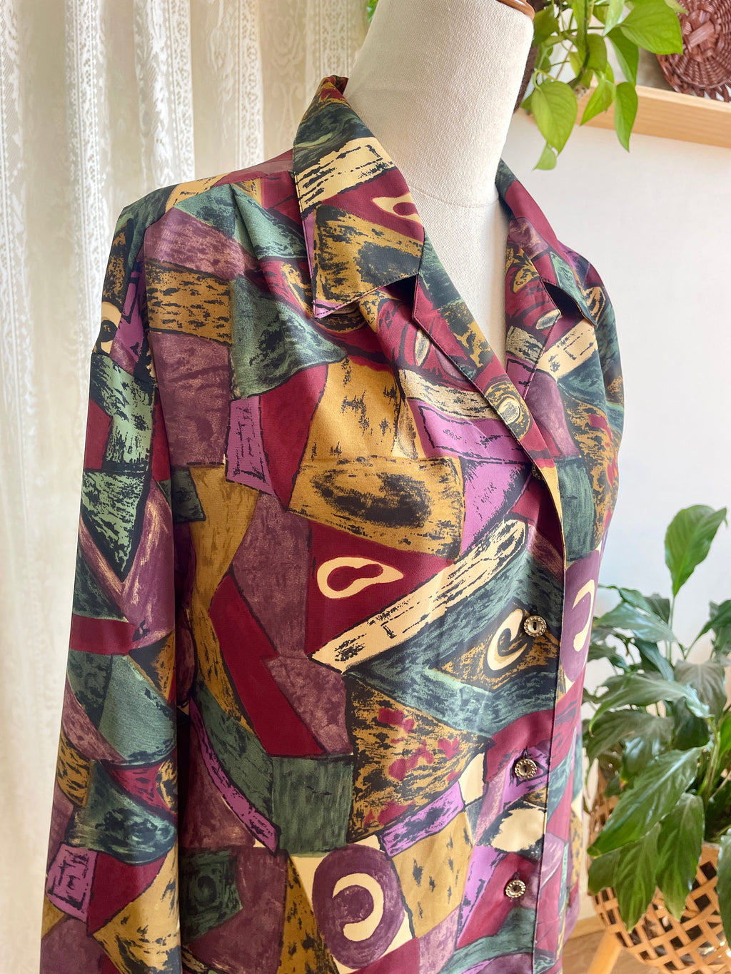 Vintage 90s Amari Geometric Abstract Blouse Retro Earthy Maroon Art-To-Wear Button Up Shirt Plus Size 18