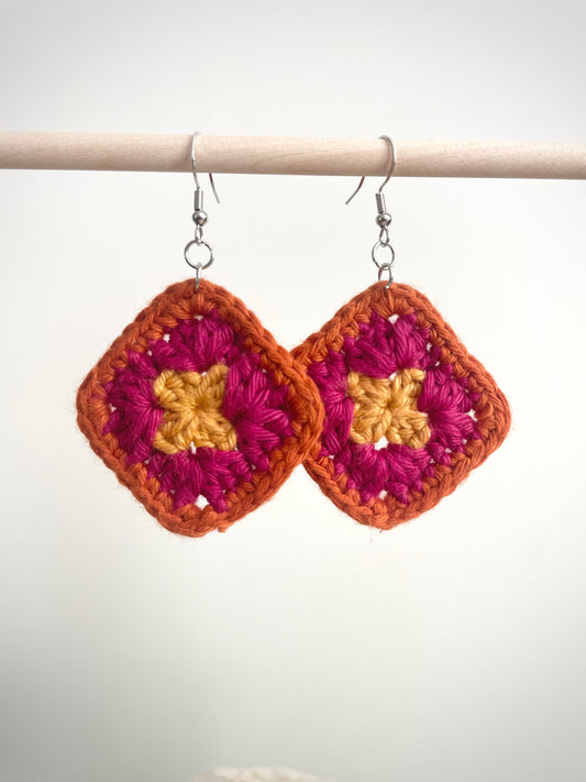 Crochet Little Square Earrings - Yellow/Pink/Orange
