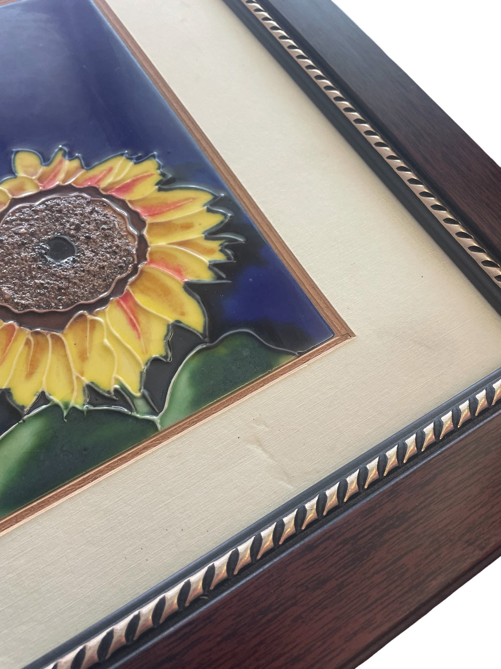 Handpainted Sunflower Vintage Ceramic Tile in Frame