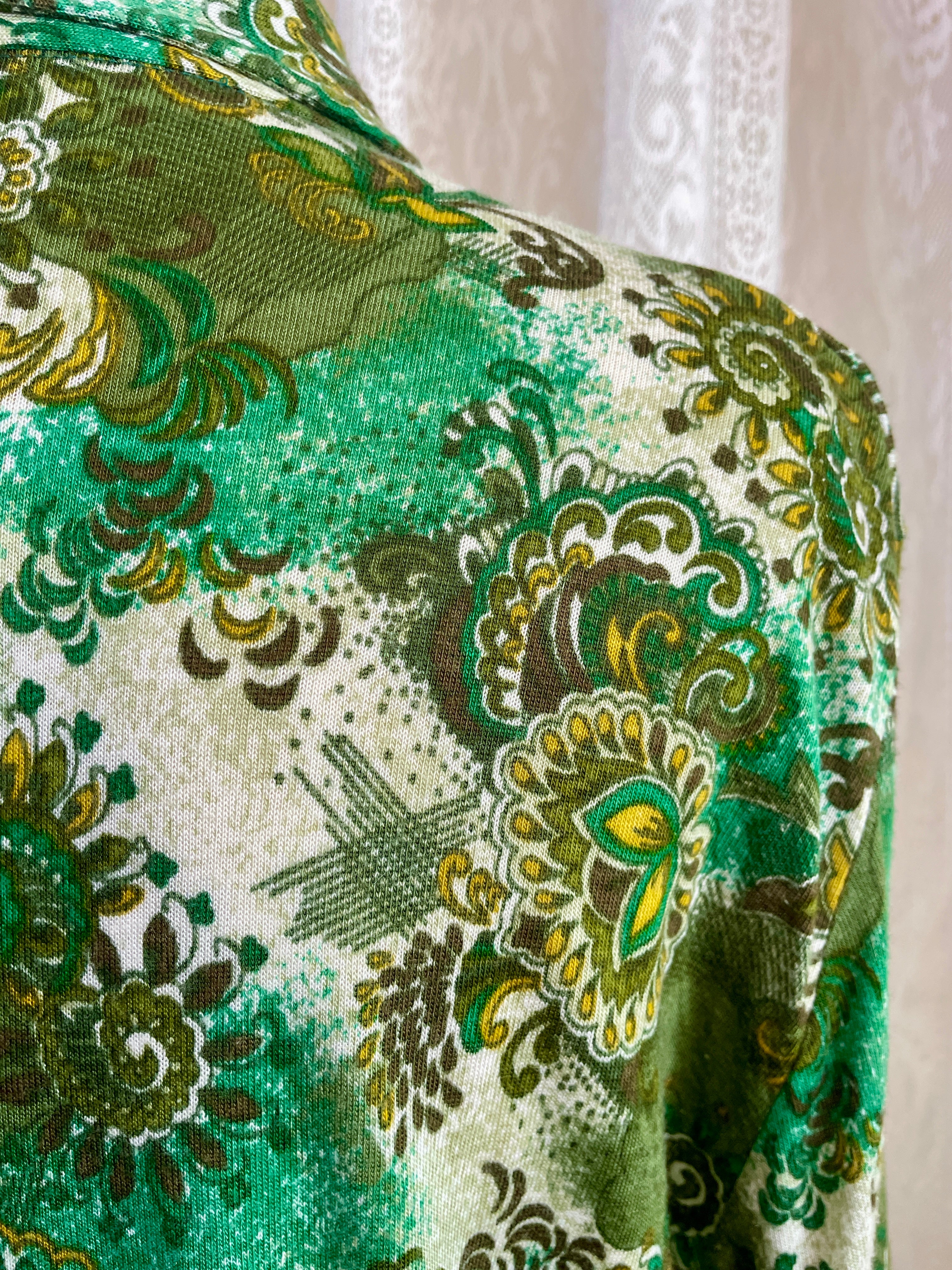 Vintage Sperla Green Psychedelic Paisley Shirt – 1970s Dagger Collar Blouse Sz 14