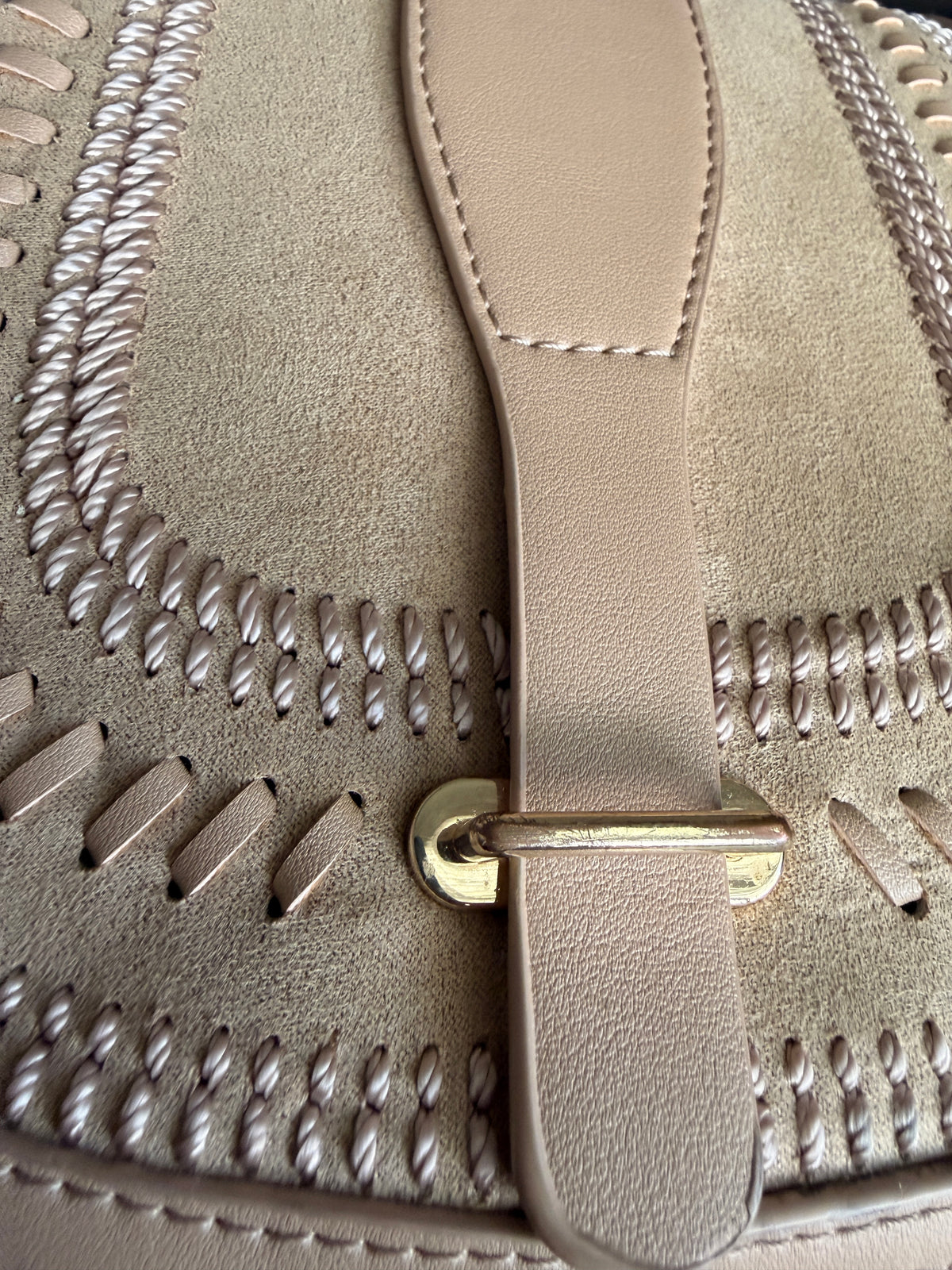 Sportsgirl Boho Faux Suede Saddle Crossbody Bag Whipstitch Detail Beige