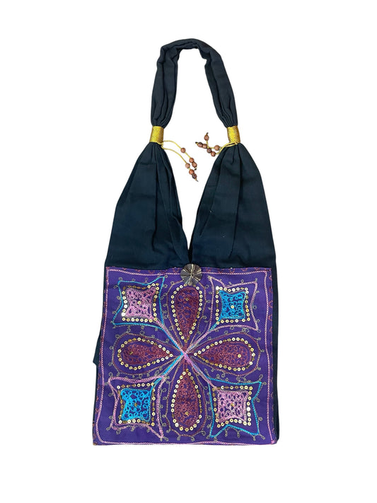 Embroidered and Sequins Cotton Short Strap Shoulder Bag