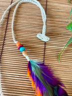 Feather & Hemp Hair Extension - Double Stranded Natural with Rainbow Feathers