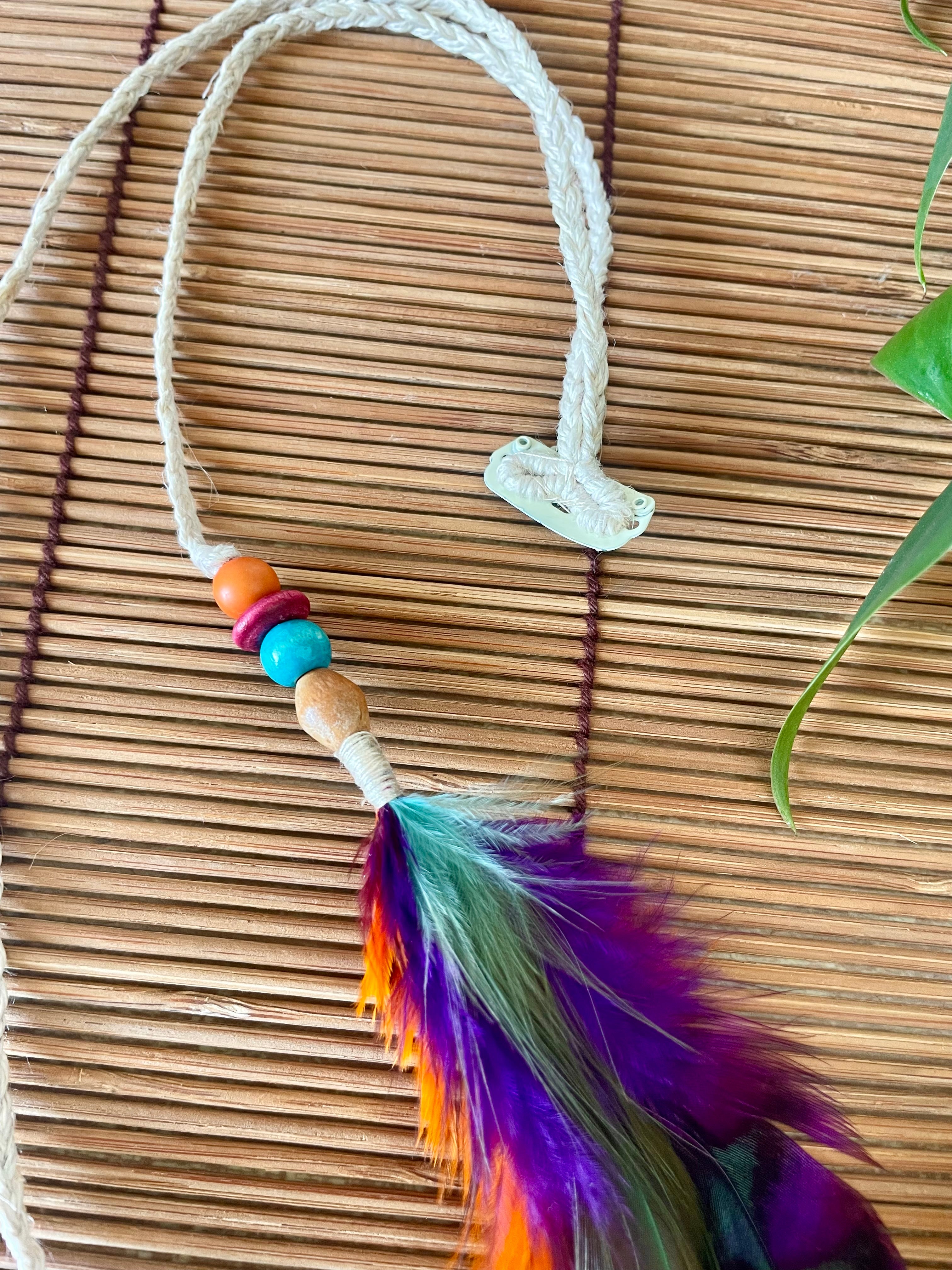 Feather & Hemp Hair Extension - Double Stranded Natural with Rainbow Feathers