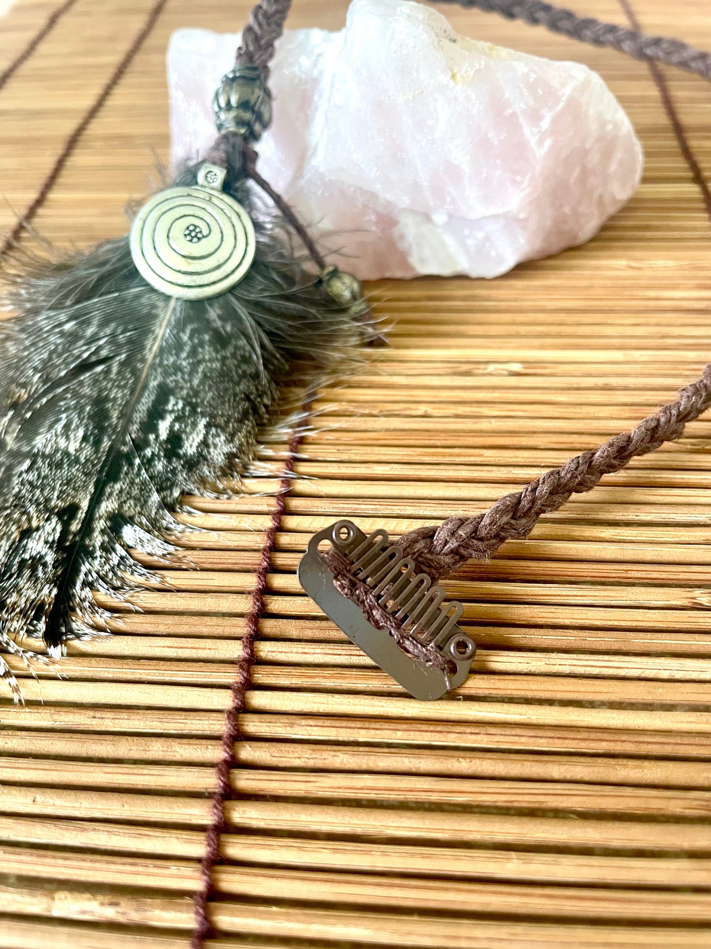 Feather & Hemp Hair Extension - Tawny Frogmouth/Spiral