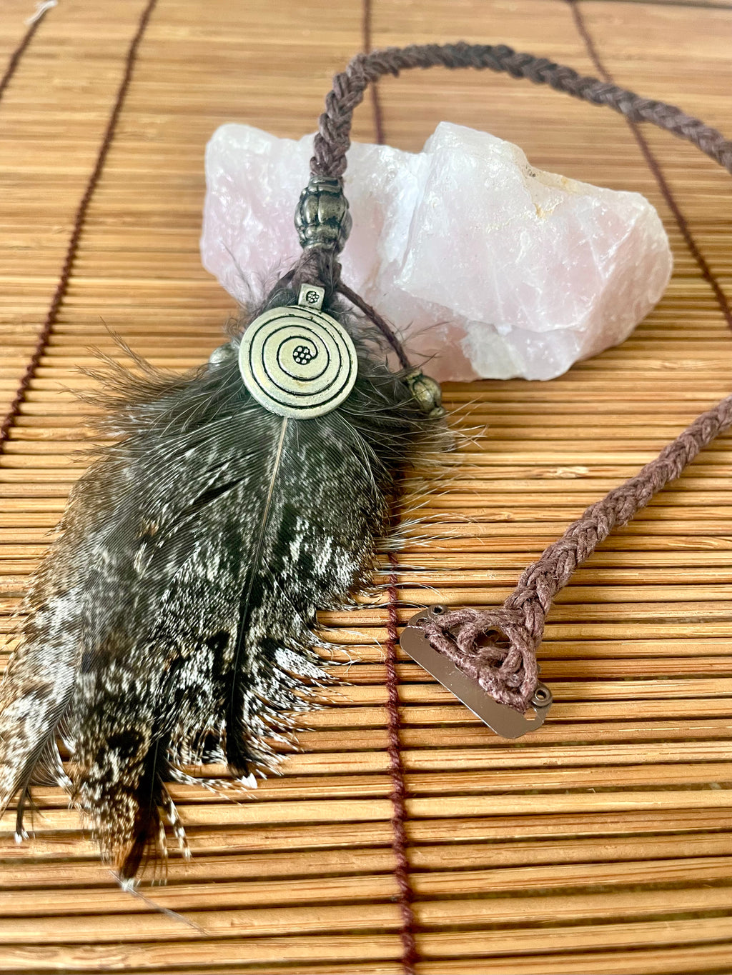Feather & Hemp Hair Extension - Tawny Frogmouth/Spiral
