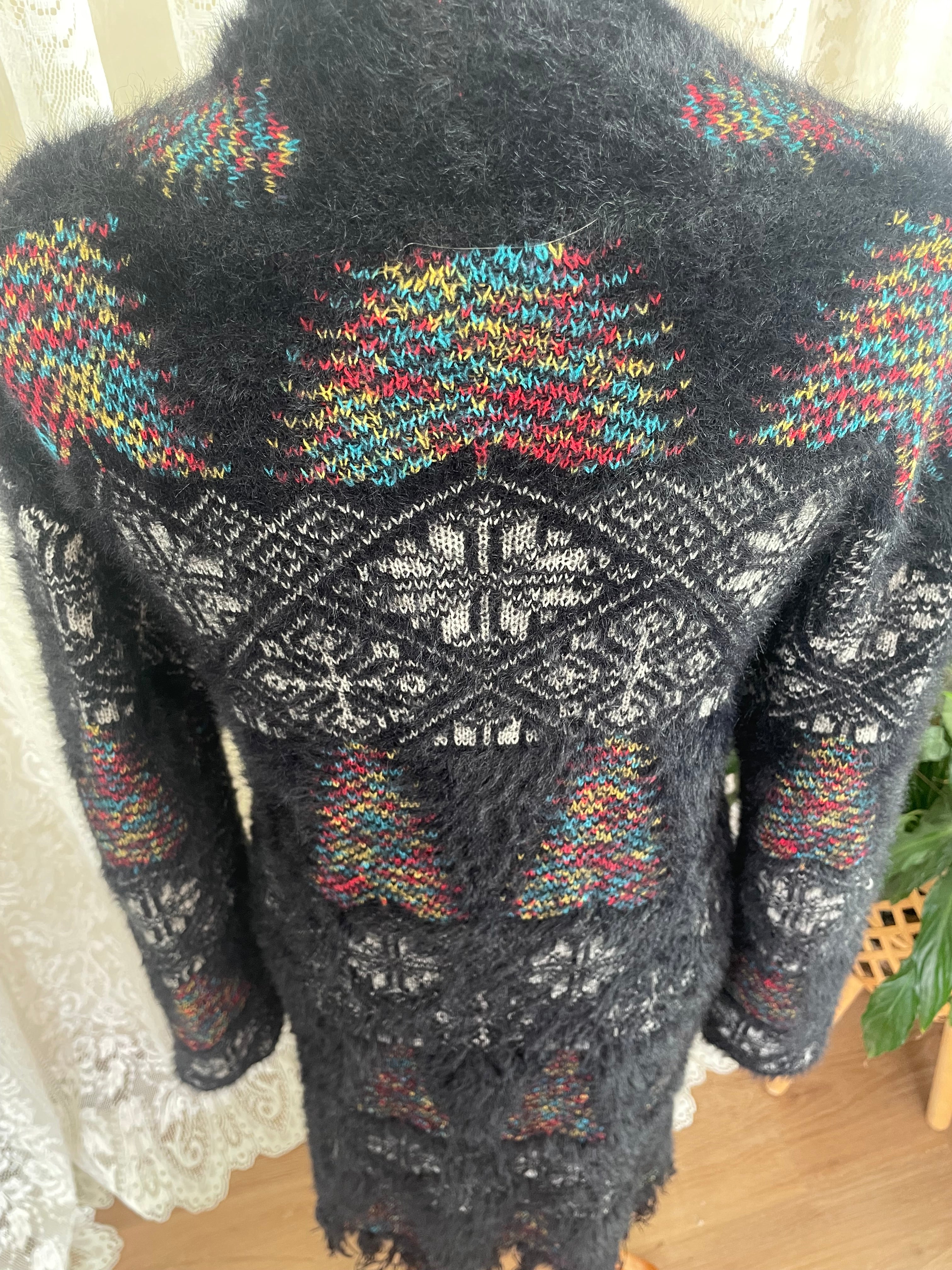 Black & Multicolour Pattern Eyelash knit cardigan