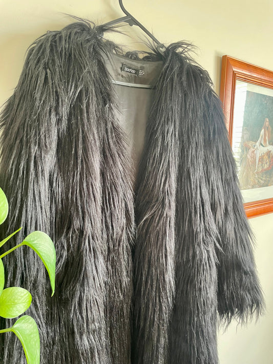 Long line Faux fur Shaggy Black Coat