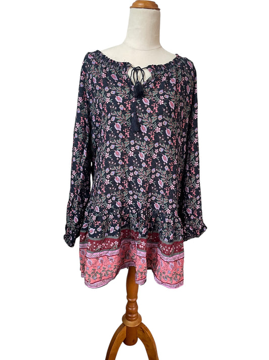 Long Sleeve Boho Mini Dress with floral pattern